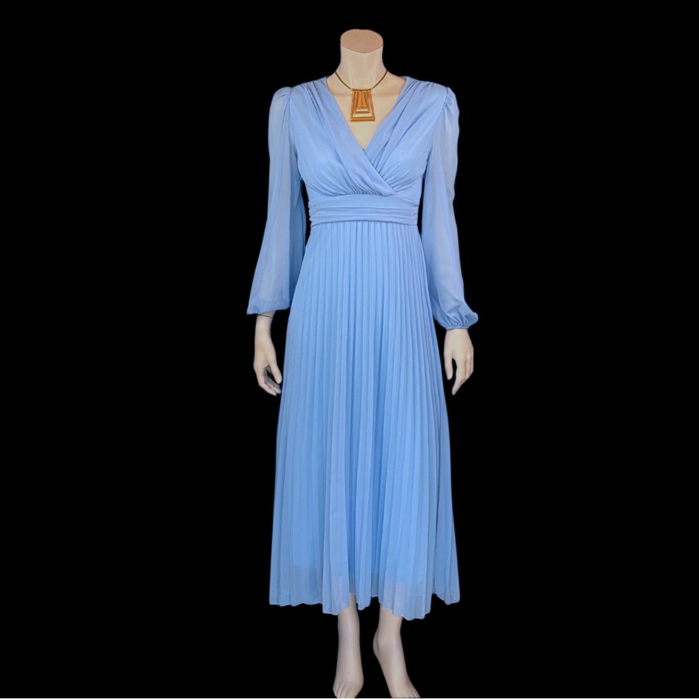 70s Soft Blue Accordion Pleat Boho Goddess Maxi Dress / XS